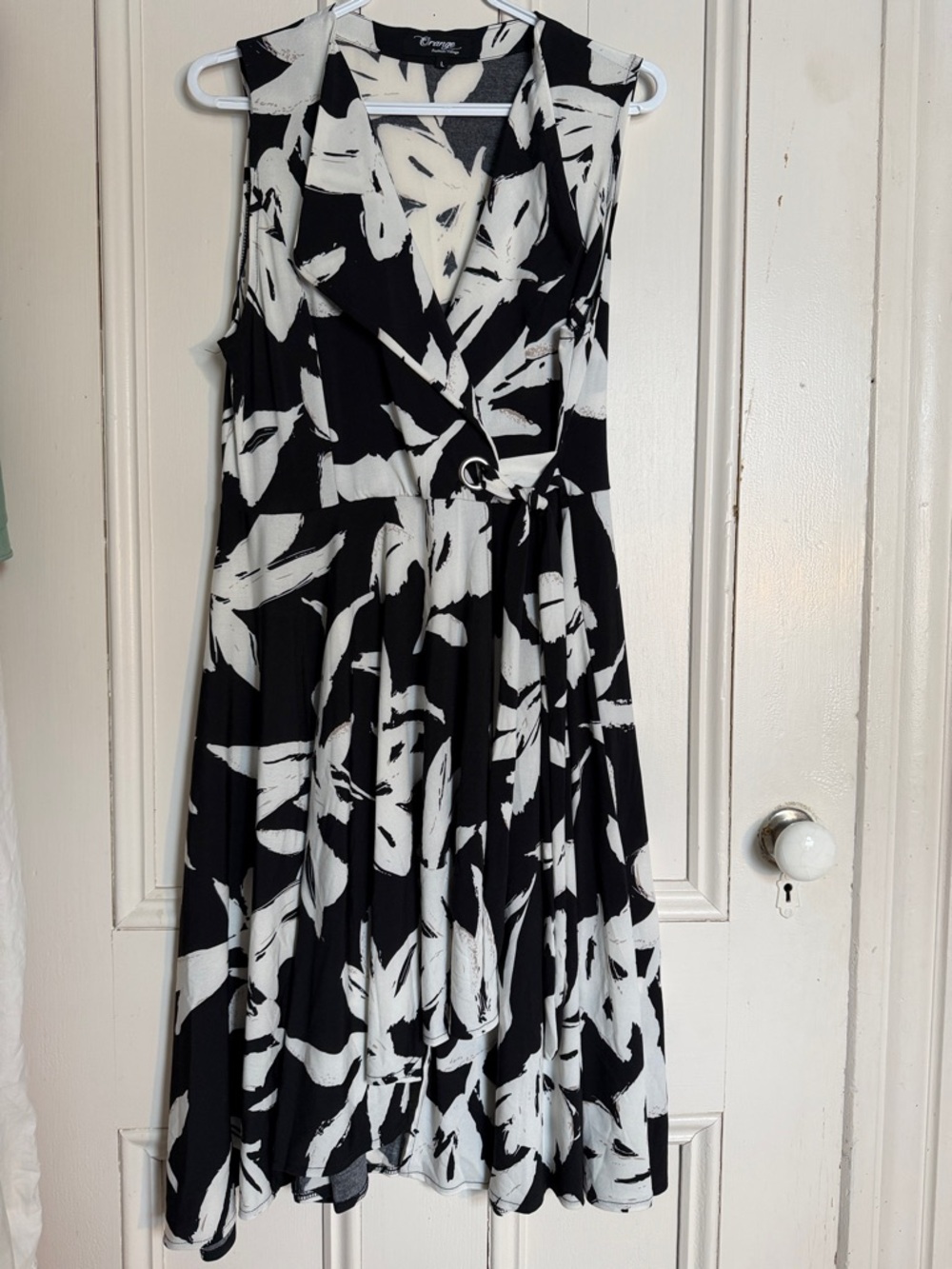 Orange Black & White Sleeveless Wrap-Style Midi Dress